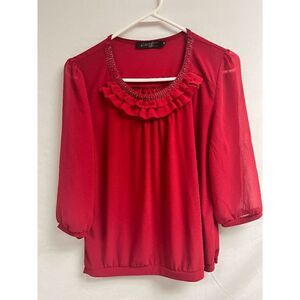 Kivenst Hifashion Womens Tunic Sheer Formal Long sleeve Blouse Red size 40